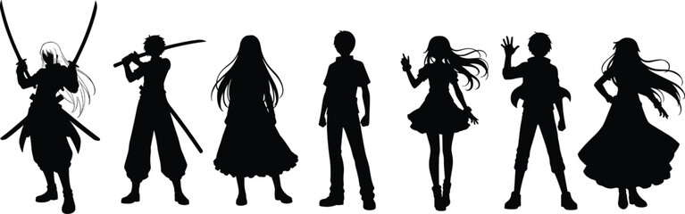Silhouette characters, warrior poses, fantasy figures, sword fighters, anime style, dramatic stance, costume design, concept art, mysterious shadows, illustration pack