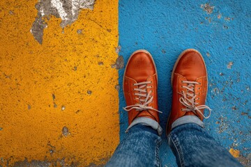 Leather shoes on yellow and blue painted concrete, modern style