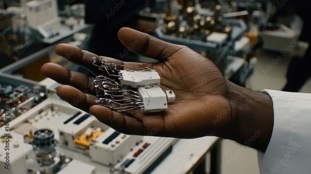 Poster robotic hand element in the palm of a human hand in a laboratory setting showing high tech creation