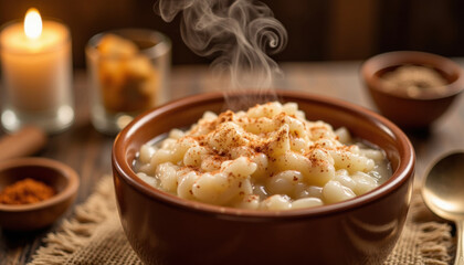 Steaming bowl of macaroni with spices and candles in a cozy setting  