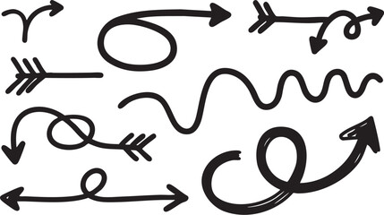 Collection of hand drawn black arrows and pointers isolated on white background