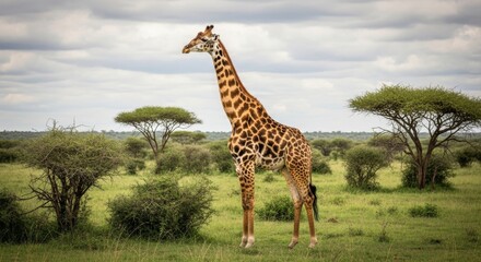 Fototapeta premium Giraffe standing tall in the African savanna landscape