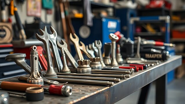Automotive tools meticulously arranged, showcasing precision and craftsmanship in a workshop.