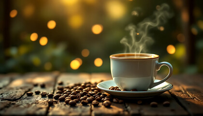 Obraz premium Steamed coffee cup on a wooden table with scattered coffee beans against blurred green garden with bokeh light background