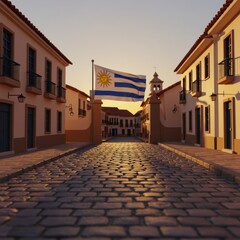 Fototapeta premium Historic Street Scene at Sunset Featuring the Flag of Uruguay in a Traditional Setting