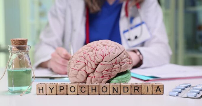 A detailed closeup view showcasing hypochondria, featuring a brain model alongside various medical tools