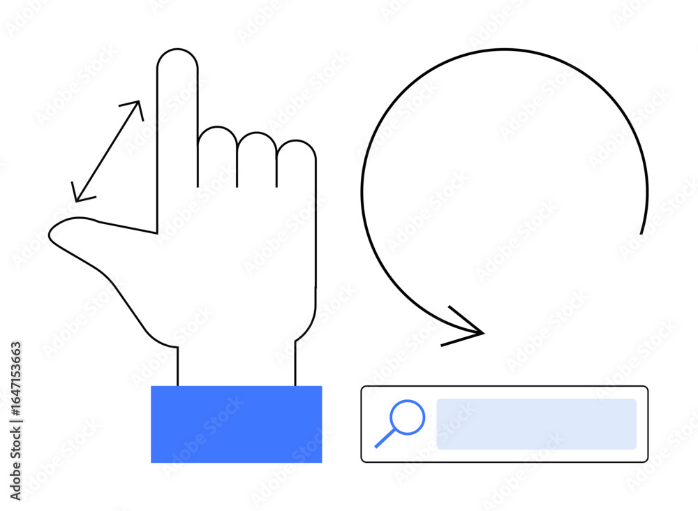 Poster hand gesture showcasing navigation and circular motion, paired with a search bar. ideal for ux desig