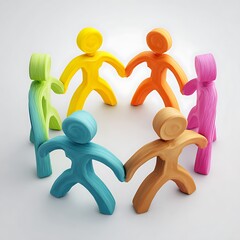 Colorful group of seven small plasticine figures holding hands forming a circle isolated on white background