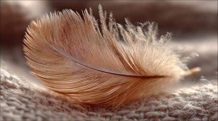 Soft, light brown feather on textured fabric