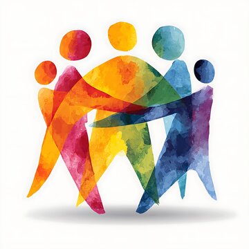 Colorful watercolor abstract figures in a circle representing unity diversity and teamwork isolated on white background