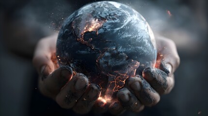 Obraz premium Cracked Earth in human hands with smoke, dramatic background. Concept : Climate change, environmental responsibility, global warming, sustainability, ecological crisis.