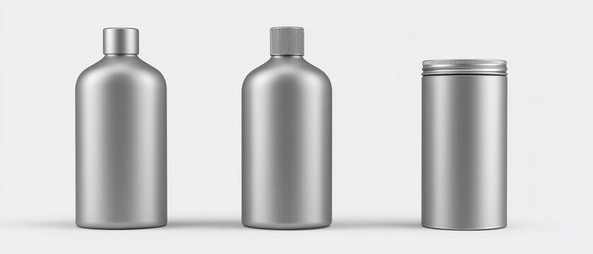 TRE FLACONI CILINDRICI DI METALLO ARGENTATO: MOCKUP PER COSMETICI O PRODOTTI PER LA CURA DEI CAPELLI