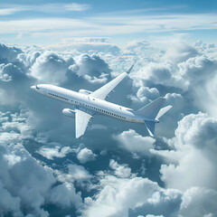White passenger airplane flying high above fluffy clouds in a blue sky, symbolizing travel and freedom.