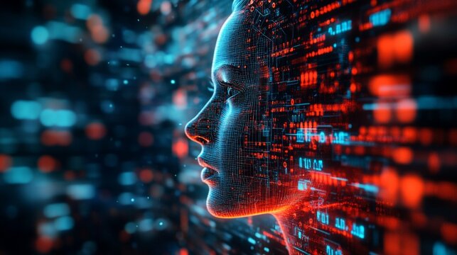 Futuristic digital portrait with data grid on dark background, suitable for articles about technology and innovation in IT blogs and presentations about the future of artificial intelligence.