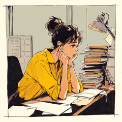 書類やノートの上に手を置き、静かに物思いにふける女性。オレンジ色の夕陽がデスクを照らし、優しい影が伸びていく。懐かしさと温もりを感じさせるオフィスシーンのイラスト。