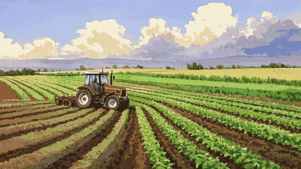 Field Work A red tractor is plowing the field isolated watercolor vector illustration svg © Arun168