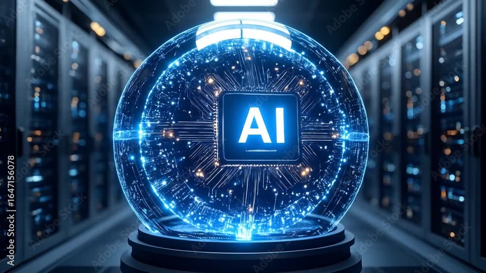 Poster ai data processing futuristic tech sphere in server room with digital intelligence concept.