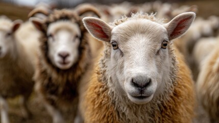 A group of sheep grazes in a picturesque rural field during early morning. The fluffy animals showcase varying shades of cream and brown, creating a serene atmosphere