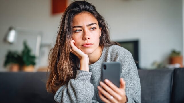 A young woman looks contemplative while holding her smartphone at home.