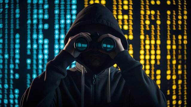 Hooded figure with glowing eyes looking through binoculars against digital background - Powered by Adobe