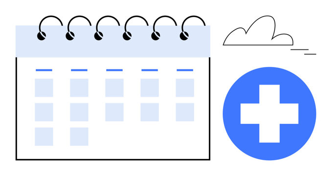 Calendar with spiral binding and grid layout alongside blue medical cross and cloud accent. Ideal for planning, health management, scheduling, deadlines, productivity, medical services, simple flat