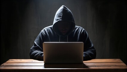 Mysterious hooded figure working on a laptop in a dark room