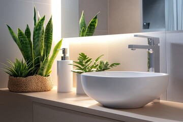 Fototapeta premium Minimalist bathroom featuring sleek white basin, modern faucet, and lush green plants, creating serene and refreshing atmosphere. design emphasizes simplicity and elegance