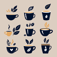 Coffee emblem set. Minimalist coffee cup icons with leaves and beans. Stylish flat vector illustrations for menus, logos, and decor.