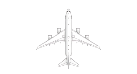Overhead view of a white airplane sketch isolated on transparent background
