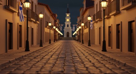 Charming Street View with Historical Architecture, Street Lamps, and a Church at Dusk