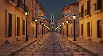 Obraz premium A Stunning Perspective of a Historic Street in Uruguay with Flags and Dim Evening Lights