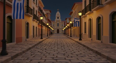 Obraz premium Charming Cobblestone Street in a Historic Uruguayan Town with Old Architecture and Soft Evening Light