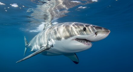 Fototapeta premium Great White Shark Swimming Underwater in Blue Ocean with Bright Light