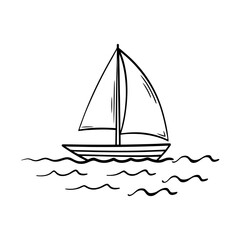 Minimalist black line drawing of a sailboat on gentle waves vector illustration
