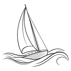 Minimalist black line drawing of a sailboat on gentle waves vector illustration