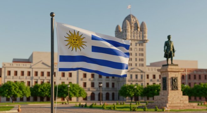 A Beautiful Day in Montevideo: The Uruguay Flag Proudly Against the Cityscape Background