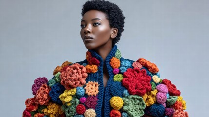 A stunning portrait features a woman showcasing a handmade crochet floral jacket in a studio setting.