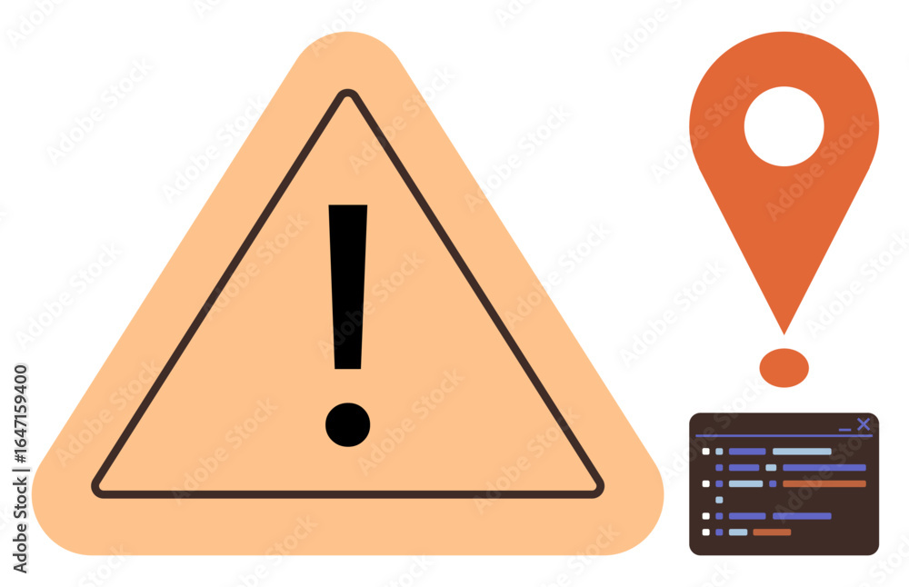 Poster alert triangle with exclamation mark, map pin, and code window suggesting error, location tag, and t