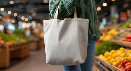 consumerism, eating and eco friendly concept - woman with white reusable canvas bag for food shopping over supermarket on background