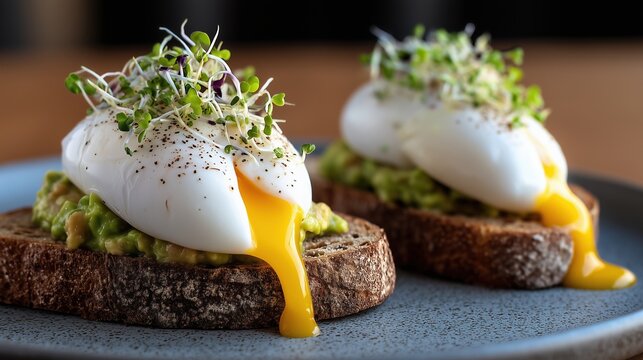 Tartines d'avocat ecrase surmontees d'&Aring;&ldquo;ufs poches et de micro-pousses