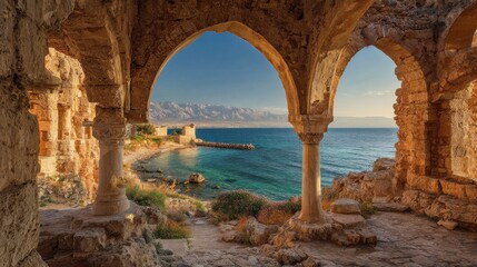 Ruins of an ancient structure offer stunning archway views of the calm sea at sunset. The warm colors illuminate the landscape, highlighting the coastline and nearby tower