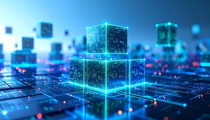 Glowing Data Cubes on Futuristic Circuit Board