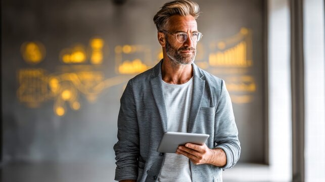 A confident businessman in his 50s looks on while holding a tablet in a bright office. - Powered by Adobe