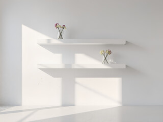 "A realistic front-on photograph of a minimalist room with a series of clean, white floating shelves on a pure white wall.