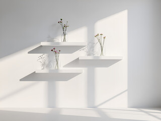 "A realistic front-on photograph of a minimalist room with a series of clean, white floating shelves on a pure white wall.