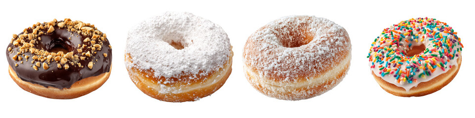 Delicious assorted donuts chocolate and powdered sprinkles on transparent background