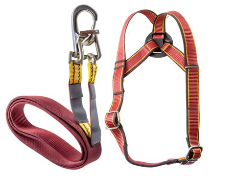Red safety harness with metal clip isolated on a transparent background