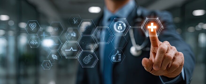 Doctor interacts with digital health icons