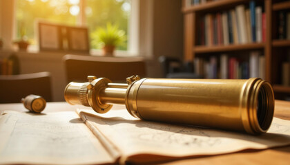 Vintage brass telescope resting on open book in sunlit study  