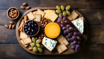 Gourmet cheese board with assorted cheeses, grapes, crackers, and nuts